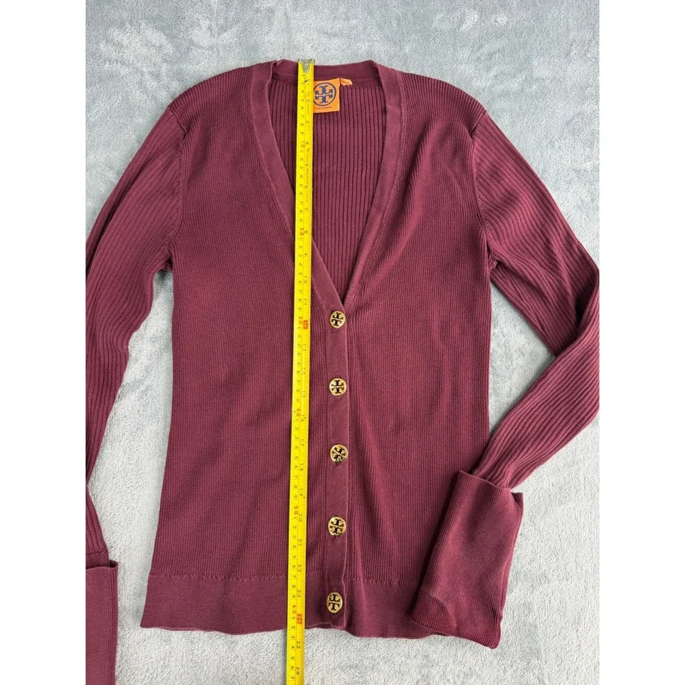 Tory Burch 100% Cotton V-Neck Fitted Cardigan Burgundy Gold Logo Buttons S